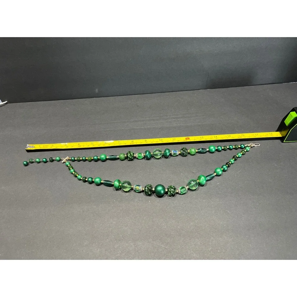 Vintage Green Art Glass Bead Double Strand Necklace & Clip On Earrings Set